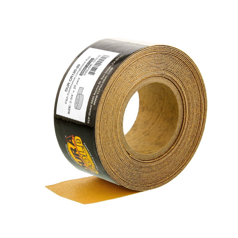 DuraGold Premium Gold 120 Grit PSA Longboard Sandpaper 20 Yard Roll 234 Wide Self Adhesive Stickyback Woodworking Automotive Sandpaper Roll Air File Sand Paper Auto Sanding Blocks