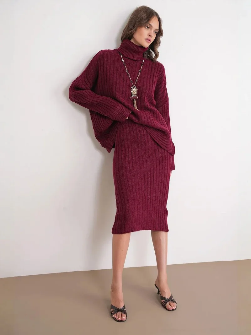 Mixray Burgundy Red MIXRAY High Waist Ribbed Knit Skirt for Women | Best Price UAE