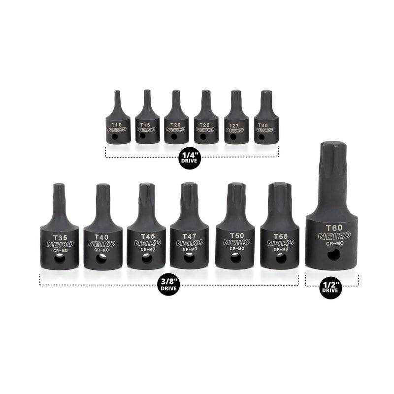 Neiko NEIKO 10281B Impact Torx Bit Socket Set, 1/4", 3/8", & 1/2" Drive, 6 Point Star Sockets, Heavy Duty Impact Grade Cr-Mo, T10 to T60 High Impact, Professional Grade Auto & Motorcycle Mechanic Socket Set  - Image 3