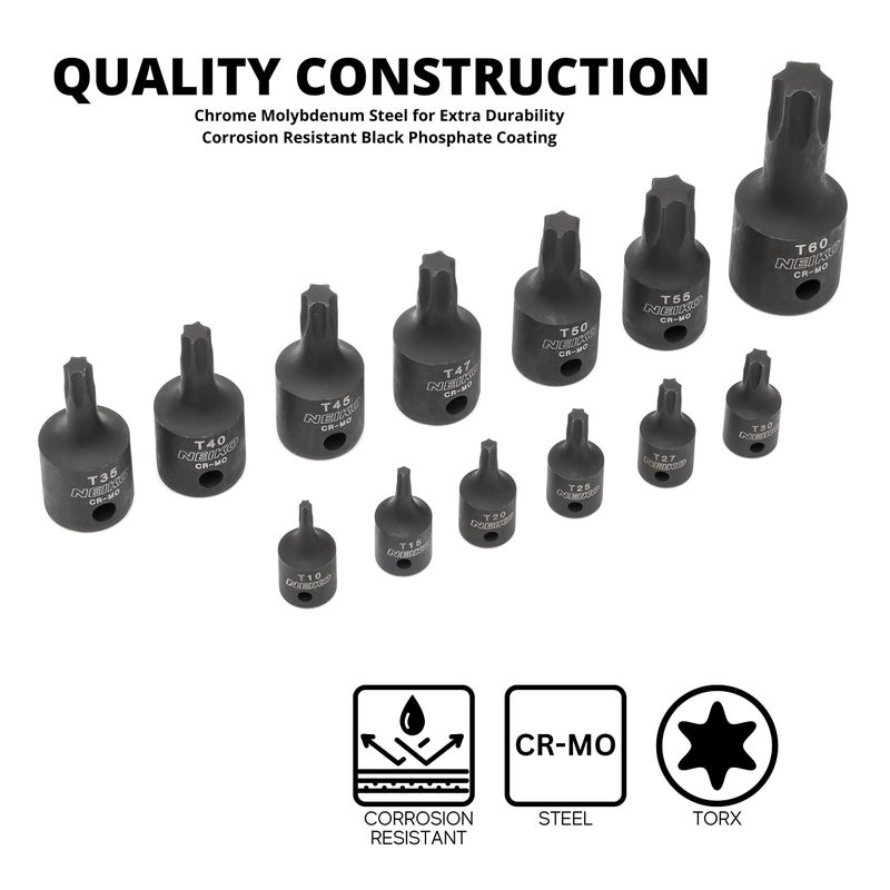 Neiko NEIKO 10281B Impact Torx Bit Socket Set, 1/4", 3/8", & 1/2" Drive, 6 Point Star Sockets, Heavy Duty Impact Grade Cr-Mo, T10 to T60 High Impact, Professional Grade Auto & Motorcycle Mechanic Socket Set  - Image 4