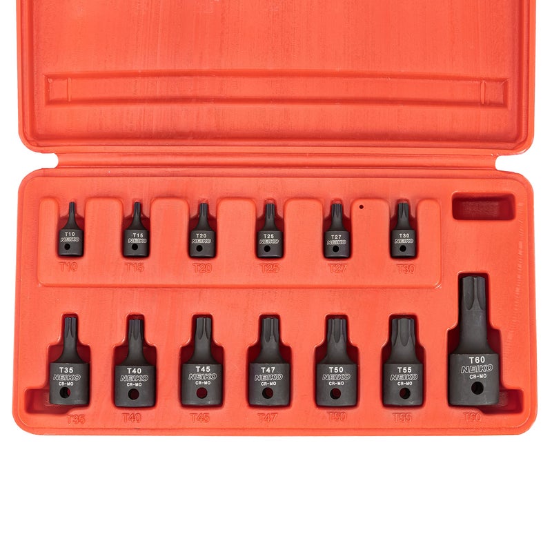 Neiko NEIKO 10281B Impact Torx Bit Socket Set, 1/4", 3/8", & 1/2" Drive, 6 Point Star Sockets, Heavy Duty Impact Grade Cr-Mo, T10 to T60 High Impact, Professional Grade Auto & Motorcycle Mechanic Socket Set  - Image 1