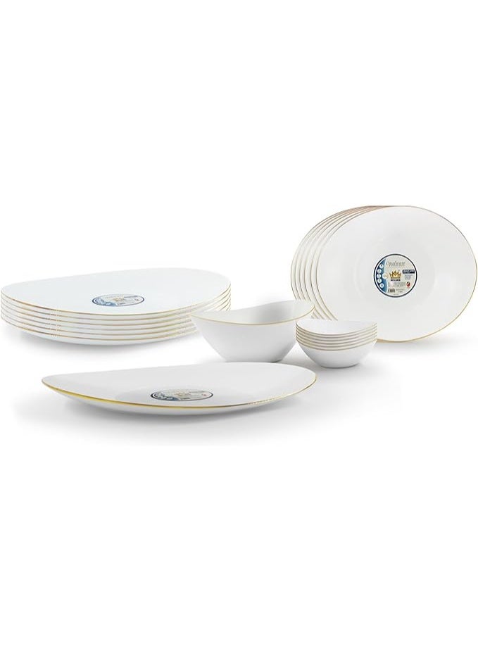 Melrich 20 Pcs Gold line Opal ware Dinner set 6 x dinner plate 6 x dessert plate 6 x bowl 1 x serving bowl 1 x serving plate - Image 1