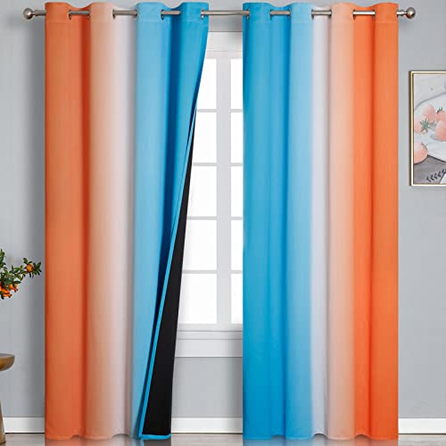 Estelar Textiler Thermal Insulated Blue and Orange Curtains for Living Room, Complete Light Blocking Ombre Blackout Curtains for Bedroom, Full Room Darkening Gradient Grommet Drapes for Boy Room, 52x84 Inch, 2 Panels - Image 1