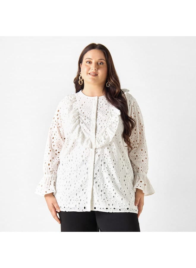Ulla Popken Plus Size Ulla Popken All-Over Embroidered Top with Ruffles and Bell Sleeves  - Image 1