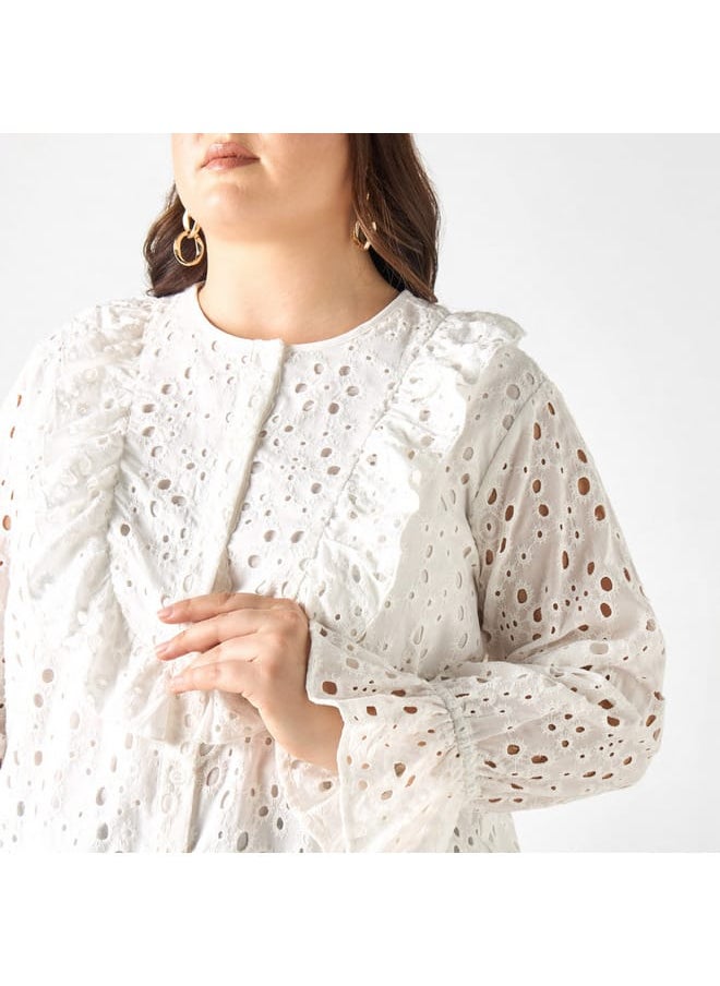 Ulla Popken Plus Size Ulla Popken All-Over Embroidered Top with Ruffles and Bell Sleeves  - Image 4