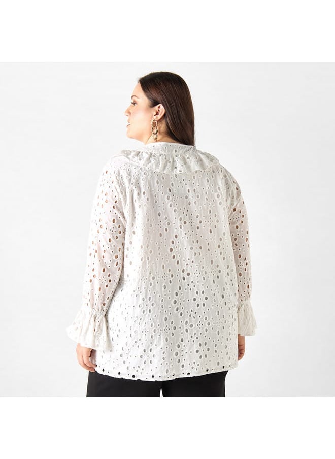 Ulla Popken Plus Size Ulla Popken All-Over Embroidered Top with Ruffles and Bell Sleeves  - Image 3