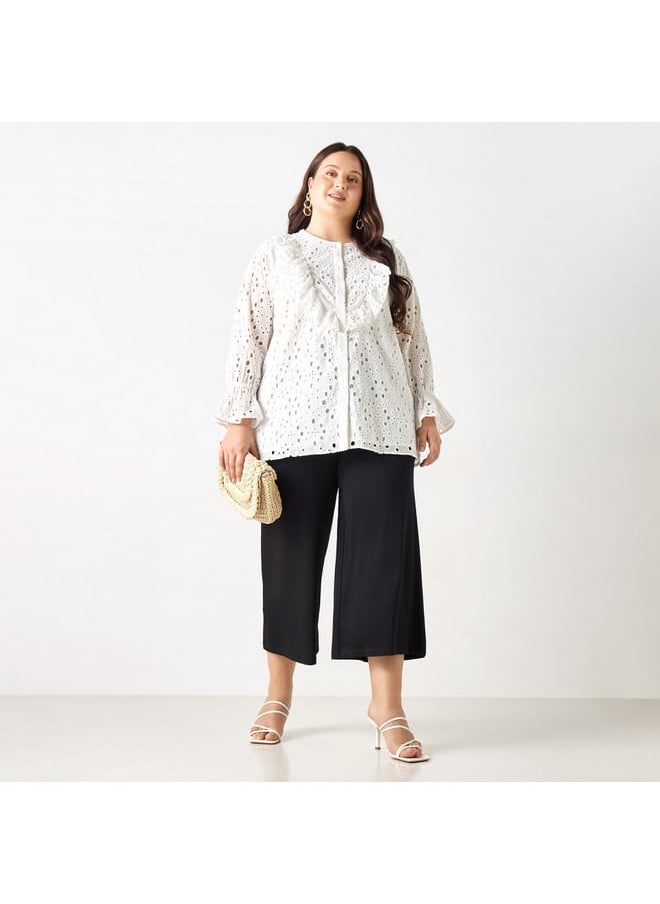 Ulla Popken Plus Size Ulla Popken All-Over Embroidered Top with Ruffles and Bell Sleeves  - Image 2