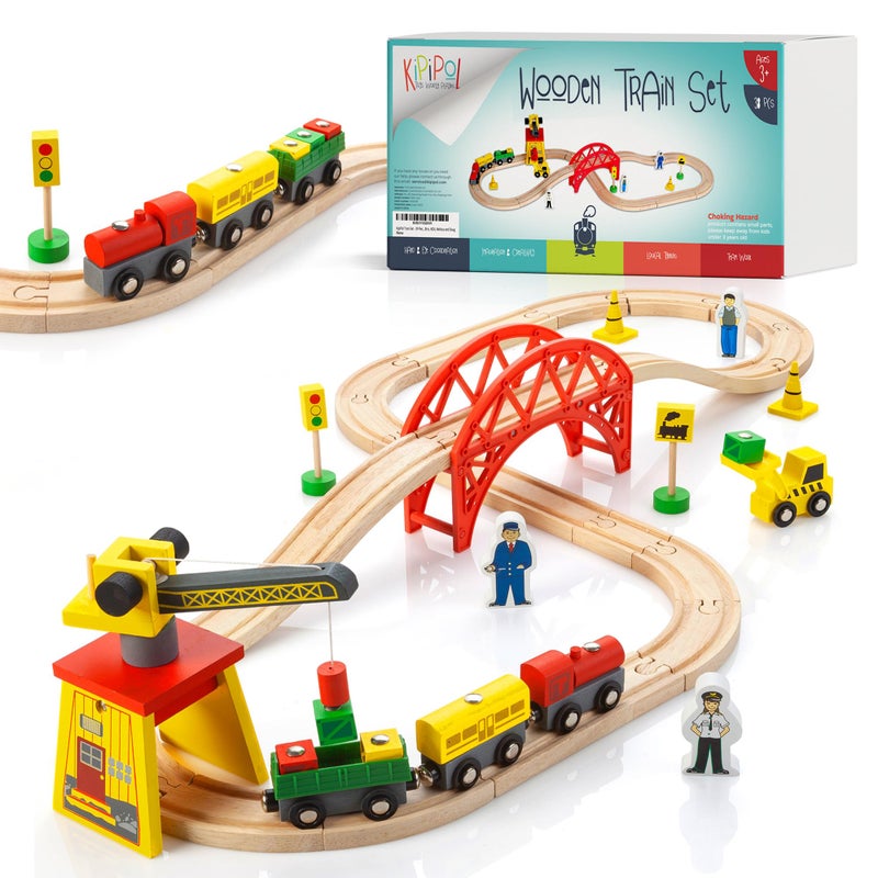 KipiPol Wooden Train Sets for Boys 2-4-7 â€“ 38 Pcs Wood Train Set for Toddlers w/Crane, Bridge & Wooden Train Tracks â€“ Train Toys for 3 Year Old Boys & Girls â€“ Fits Thomas Brio IKEA Melissa and Doug - Image 1