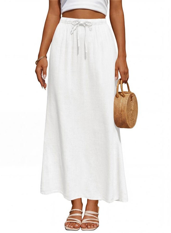Facogoo Women's Linen Maxi Skirt Lined Drawstring Back Slit Elastic High Waisted Flowy White Long Skirts for Women, White, L - Image 1