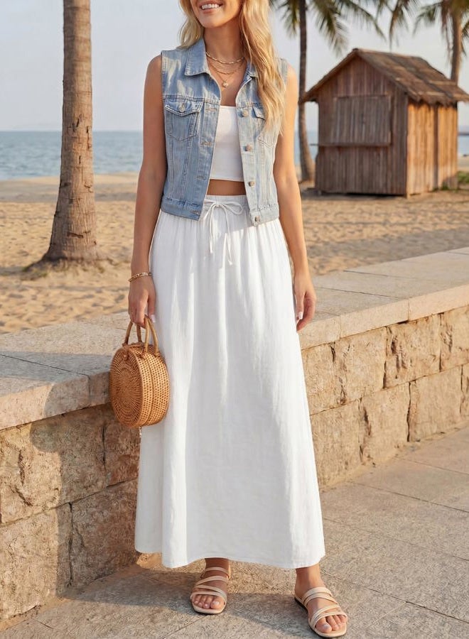 Facogoo Women's Linen Maxi Skirt Lined Drawstring Back Slit Elastic High Waisted Flowy White Long Skirts for Women, White, L - Image 4