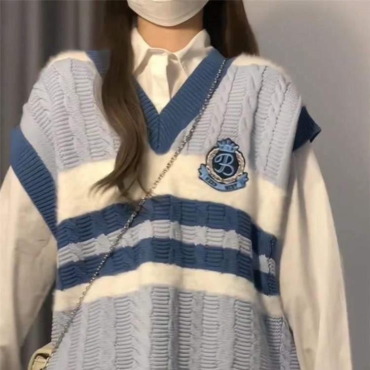 Campus Style Contrast Color Loose Mid-Length Cable Knit Vest for Women, Korean Student Shirt Two-Piece Set - Image 3