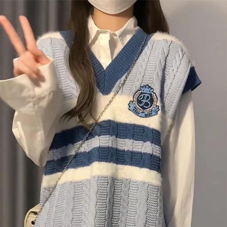 Campus Style Contrast Color Loose Mid-Length Cable Knit Vest for Women, Korean Student Shirt Two-Piece Set - Image 2