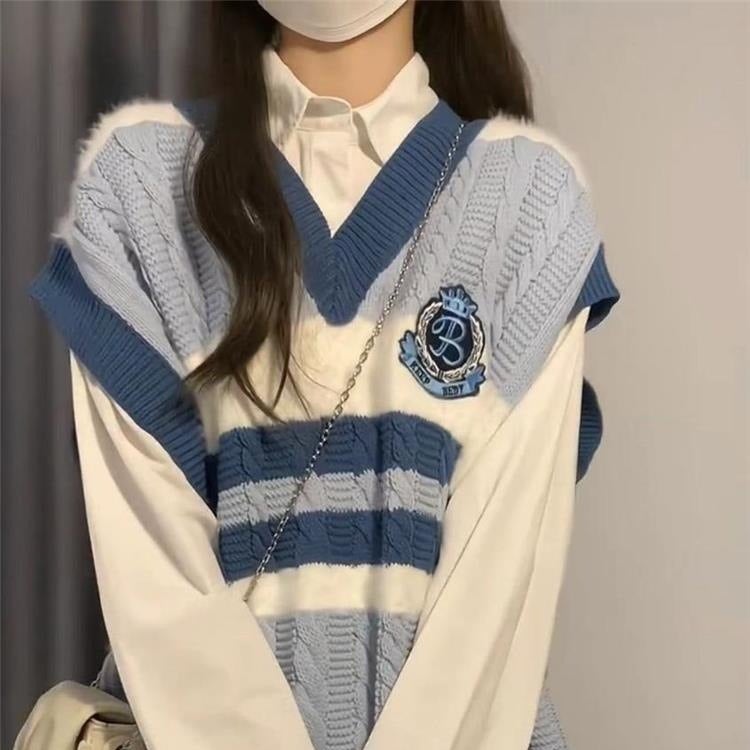 Campus Style Contrast Color Loose Mid-Length Cable Knit Vest for Women, Korean Student Shirt Two-Piece Set - Image 5