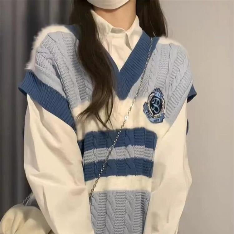 Campus Style Contrast Color Loose Mid-Length Cable Knit Vest for Women, Korean Student Shirt Two-Piece Set - Image 4