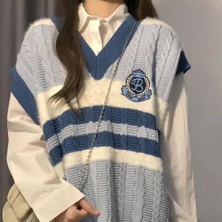 Campus Style Contrast Color Loose Mid-Length Cable Knit Vest for Women, Korean Student Shirt Two-Piece Set - Image 1