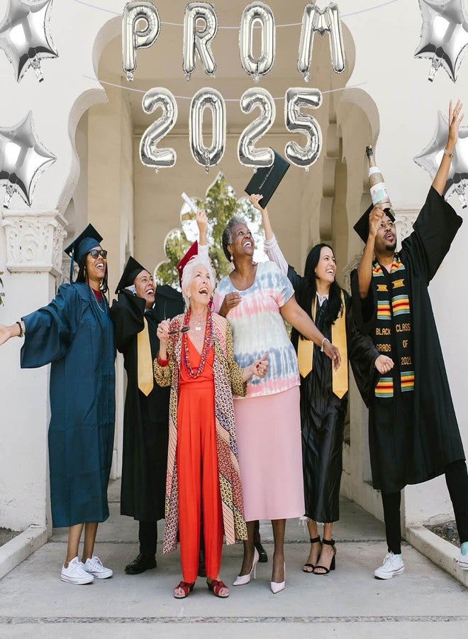 Pargleev بالونات بارغلييف بروم 2025 مع بالونات فويل معلقة على شكل نجمة وحروف، مثالية لتزيين حفلات التخرج من المدرسة الثانوية والجامعة والتقاعد، باللون الفضي. - Image 3