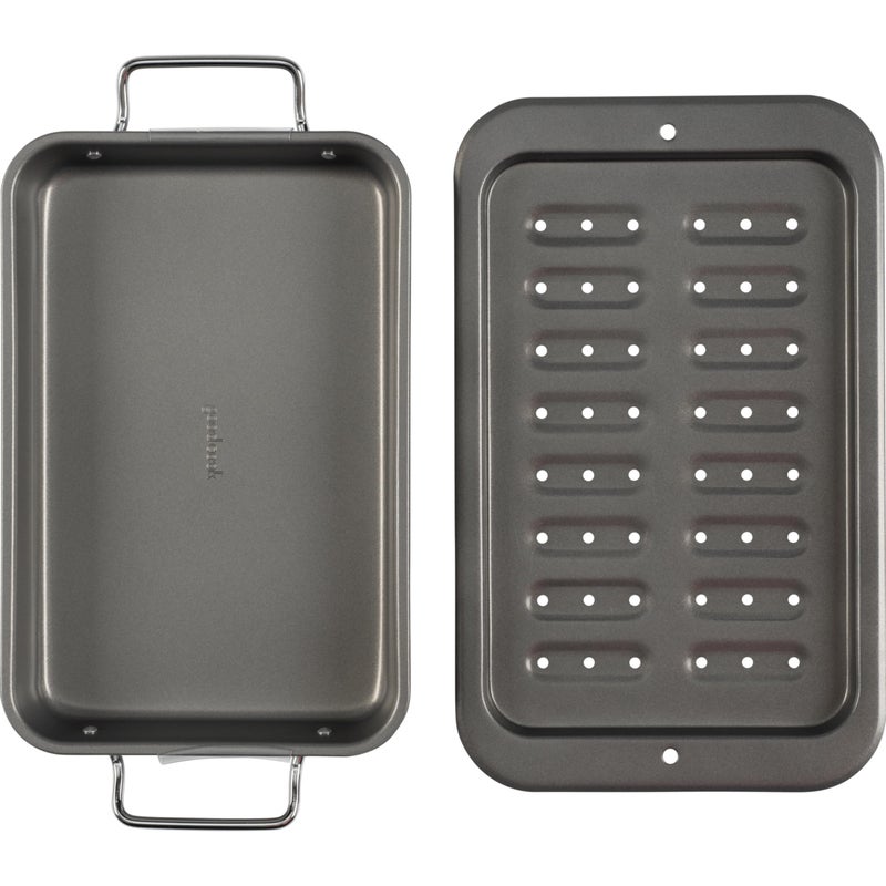 GoodCook Everyday Broiler Baking Pan with Built-in Handles Nonstick Warp-Resistant Heavy-Gauge Steel Construction Even-Heating Oblong Pan with Drip Rack, 7x11-Inch, Gray - Image 2