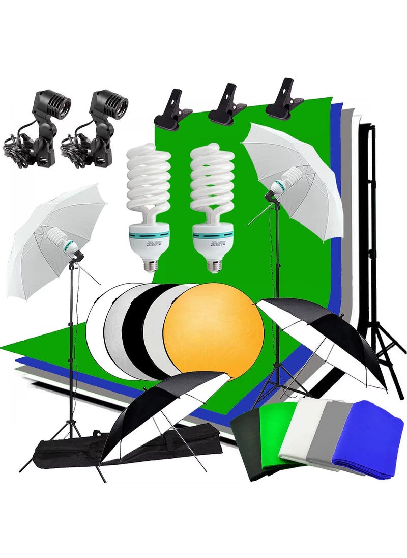 Mi VAZA Photography Fill Light Set - Studio Photography Lighting Kit - 135W Light Bulb - 2X3m Background Stand - Soft Light Umbrella Lighting Kit - 5 in 1 Reflector - 5PCS Backdrops (White/Grey/Black/Blue/Green) Screen for Photo, Video, Portrait and Live  - Image 1