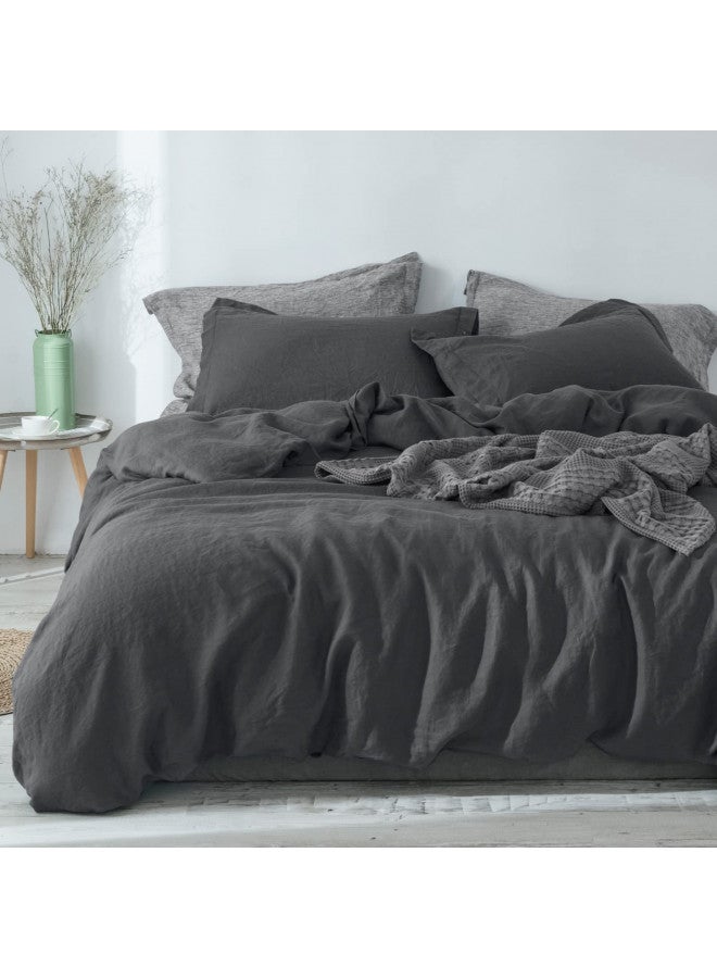 PHF PHF 100% French Flax Linen Duvet Cover Set Queen, 3pcs Garment Washed Soft Natural Linen, Breathable Durable Cooling Duvet Cover for Hot Sleepers, 1 Duvet Cover and 2 Pillowshams, 90"x 92", Charcoal  - Image 1