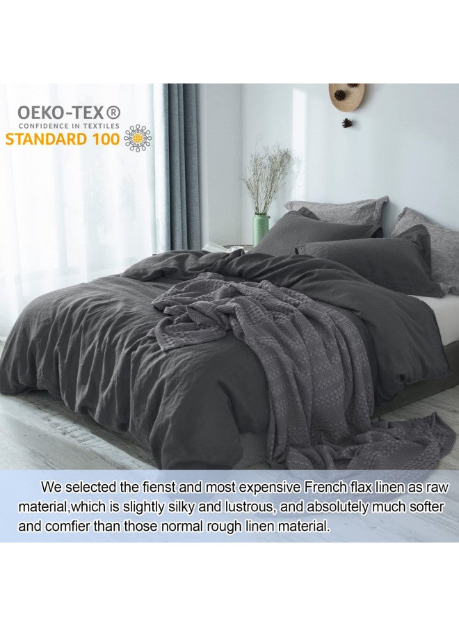 PHF PHF 100% French Flax Linen Duvet Cover Set Queen, 3pcs Garment Washed Soft Natural Linen, Breathable Durable Cooling Duvet Cover for Hot Sleepers, 1 Duvet Cover and 2 Pillowshams, 90"x 92", Charcoal  - Image 2