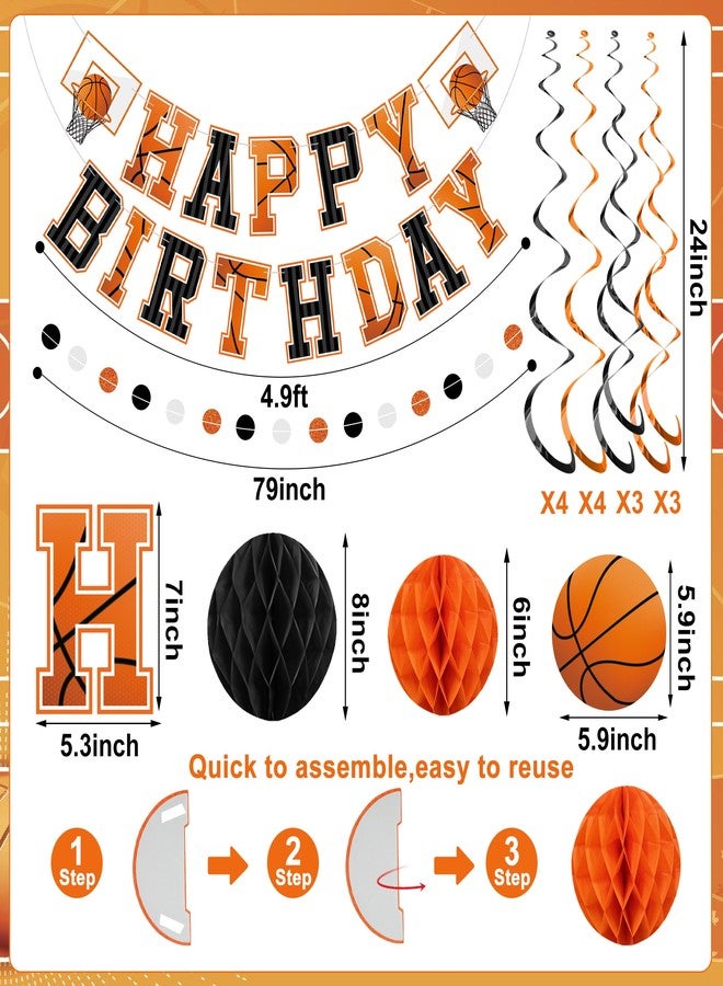Maniaacer Pre-strung Basketball Birthday Party Decorations Basketball Happy Birthday Banner with Honeycomb Balls Basketballs Hoops Hanging Swirls Circle Dots Garland for Boys Men Sports Theme Party Decor - Image 2