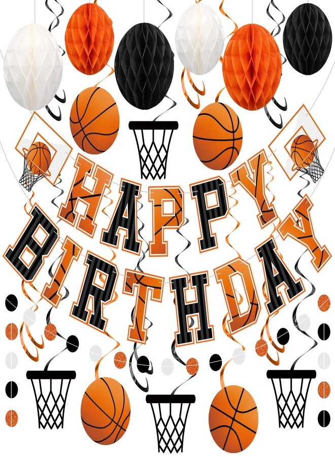 Maniaacer Pre-strung Basketball Birthday Party Decorations Basketball Happy Birthday Banner with Honeycomb Balls Basketballs Hoops Hanging Swirls Circle Dots Garland for Boys Men Sports Theme Party Decor - Image 1