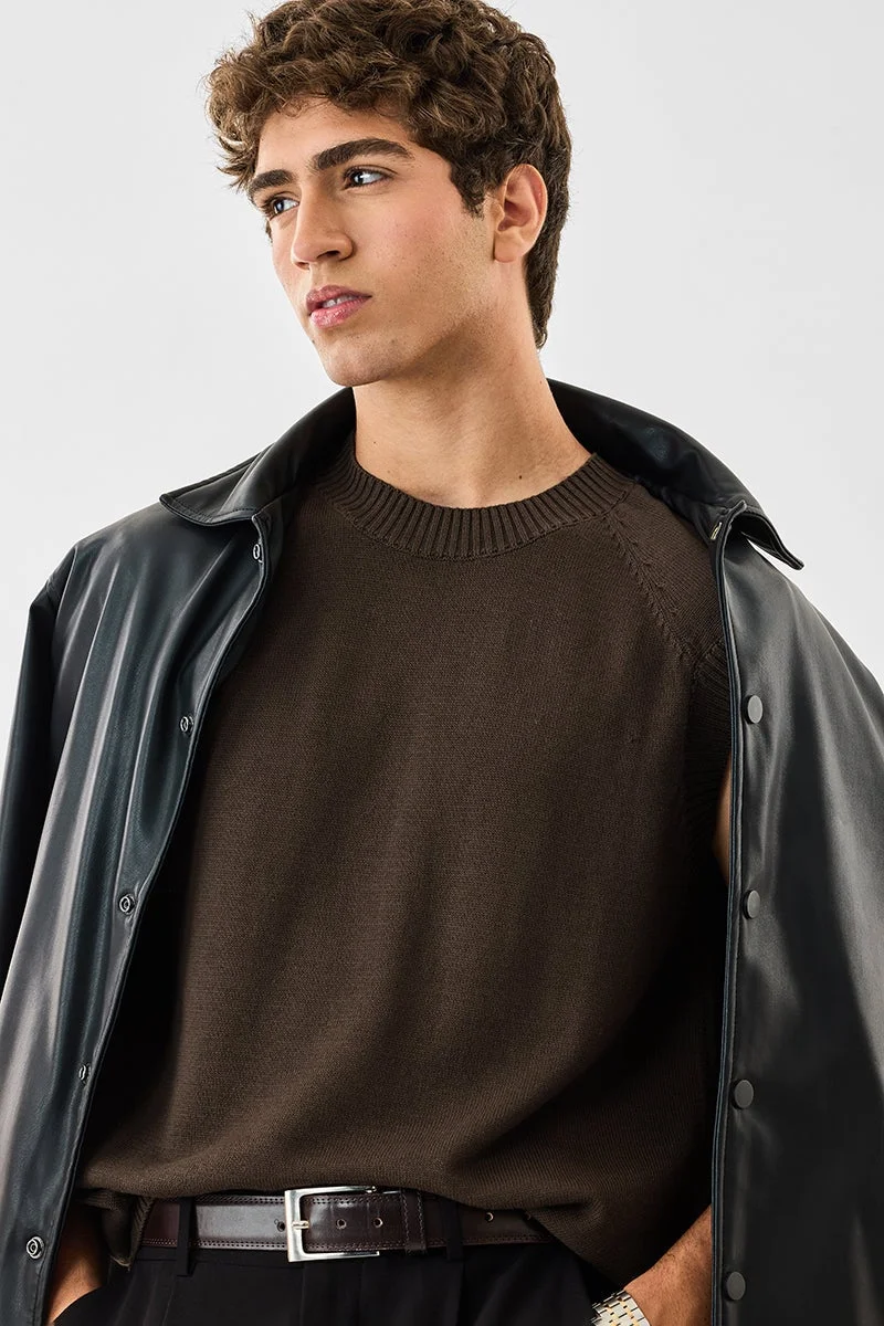 SNITCH Brown Solid Sleeveless Relaxed Sweater