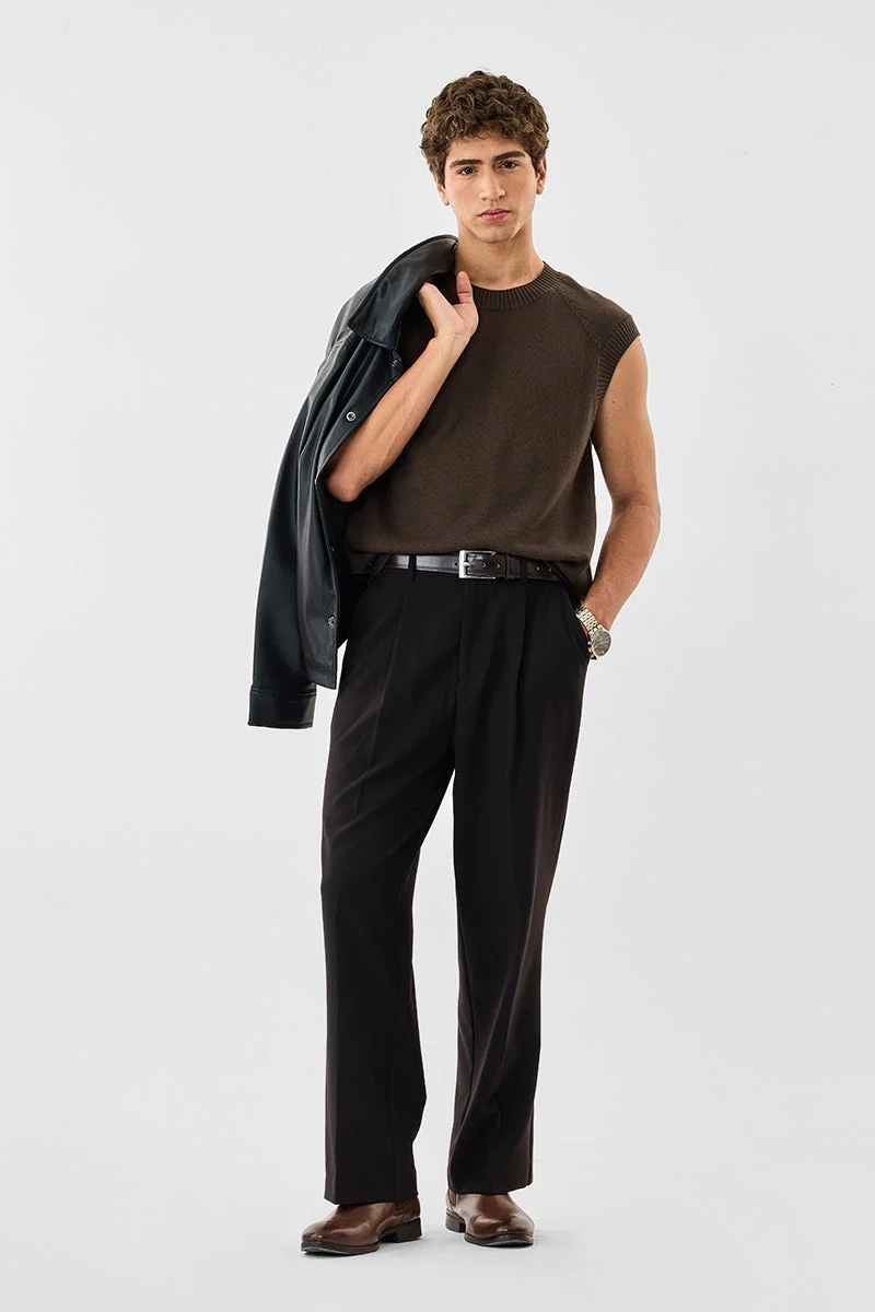 SNITCH Brown Solid Sleeveless Relaxed Sweater