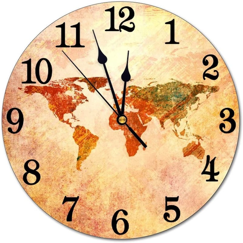Abucaky World Map Wall Clock Battery Operated Silent Round Clock Retro Style Wall Decor for Home Office School 12 Inch