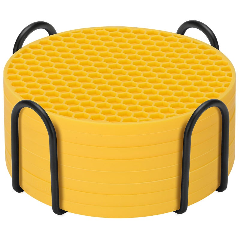 TWTLi Silicone Coasters Set of 8 with Holder Coasters for Drinks Beer Coffee Coasters Suitable for Kinds Cups Hot or Cold Anti-SLI Non-Stick Anti-Overflow Tabletop Protection and Decor (8 Pcs  Yellow) - Image 1