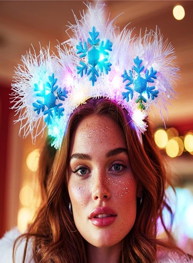 GORTIN Light up Snowflake Christmas Headbands LED Xmas Headpiece White Feather Glowing Hair Band Holiday Hair Accessories for Women - Image 1