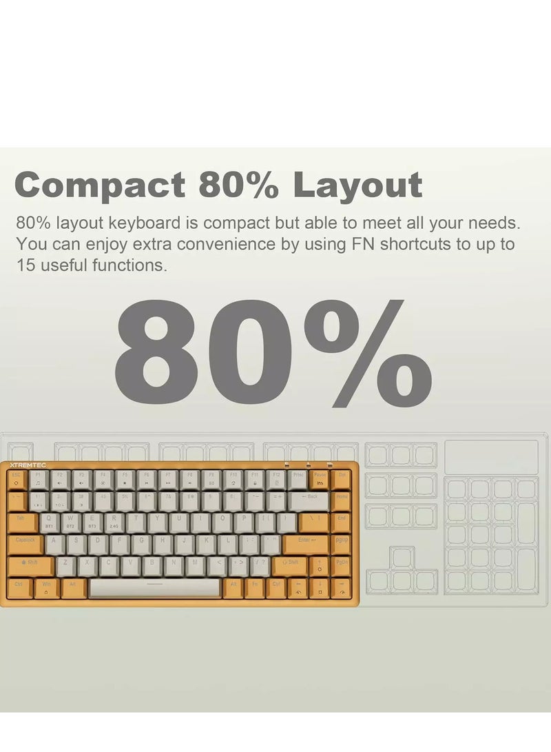 لوحة مفاتيح ميكانيكية هجينة للألعاب 80% - مفتاح بني - 3 أوضاع بلوتوث، لاسلكية وسلكية (رمادي/أصفر) - Image 2