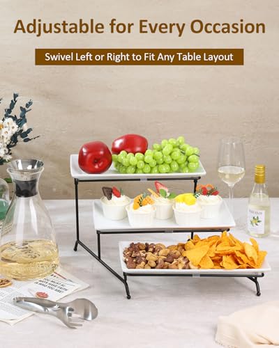 Yedio 3 Tier Serving Trays for Party, Porcelain Serving Platters and Trays, 12 Inch Tiered Tray Stand, Fruit Tray, Trays for Serving Food, White Dessert Stand with Collapsible Sturdier Metal Rack - Image 4