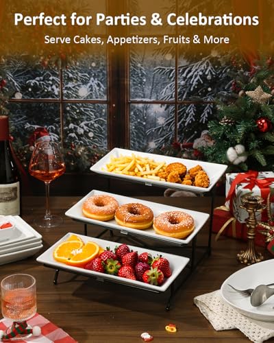 Yedio 3 Tier Serving Trays for Party, Porcelain Serving Platters and Trays, 12 Inch Tiered Tray Stand, Fruit Tray, Trays for Serving Food, White Dessert Stand with Collapsible Sturdier Metal Rack - Image 5