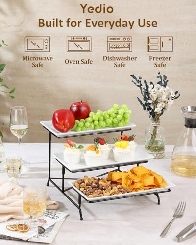Yedio 3 Tier Serving Trays for Party, Porcelain Serving Platters and Trays, 12 Inch Tiered Tray Stand, Fruit Tray, Trays for Serving Food, White Dessert Stand with Collapsible Sturdier Metal Rack - Image 3