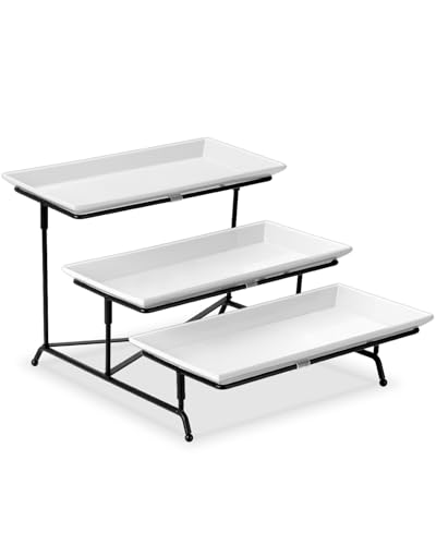Yedio 3 Tier Serving Trays for Party, Porcelain Serving Platters and Trays, 12 Inch Tiered Tray Stand, Fruit Tray, Trays for Serving Food, White Dessert Stand with Collapsible Sturdier Metal Rack - Image 1