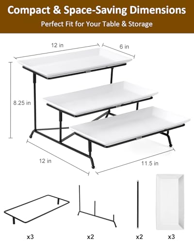 Yedio 3 Tier Serving Trays for Party, Porcelain Serving Platters and Trays, 12 Inch Tiered Tray Stand, Fruit Tray, Trays for Serving Food, White Dessert Stand with Collapsible Sturdier Metal Rack - Image 2