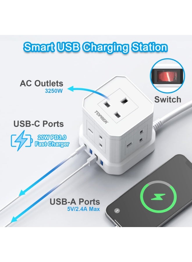 TOPREK Cube Extension Lead with USB Slots, 5 Way Power Strip with 5 AC Outlet 4 USB (20W PD3.0 Fast Charger) 1 Switch, 2M Extension Cord, 3250W/13A, UK Power Strip for Desk Home Office Travel - Image 3
