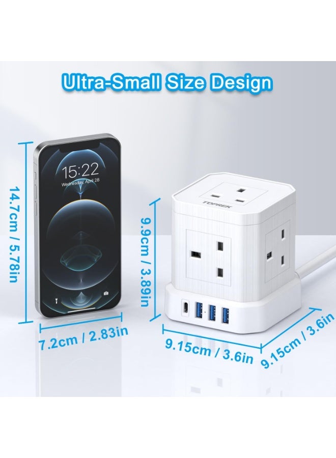 TOPREK Cube Extension Lead with USB Slots, 5 Way Power Strip with 5 AC Outlet 4 USB (20W PD3.0 Fast Charger) 1 Switch, 2M Extension Cord, 3250W/13A, UK Power Strip for Desk Home Office Travel - Image 5