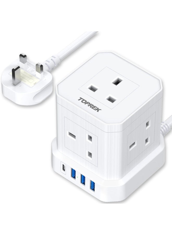 TOPREK Cube Extension Lead with USB Slots, 5 Way Power Strip with 5 AC Outlet 4 USB (20W PD3.0 Fast Charger) 1 Switch, 2M Extension Cord, 3250W/13A, UK Power Strip for Desk Home Office Travel - Image 1