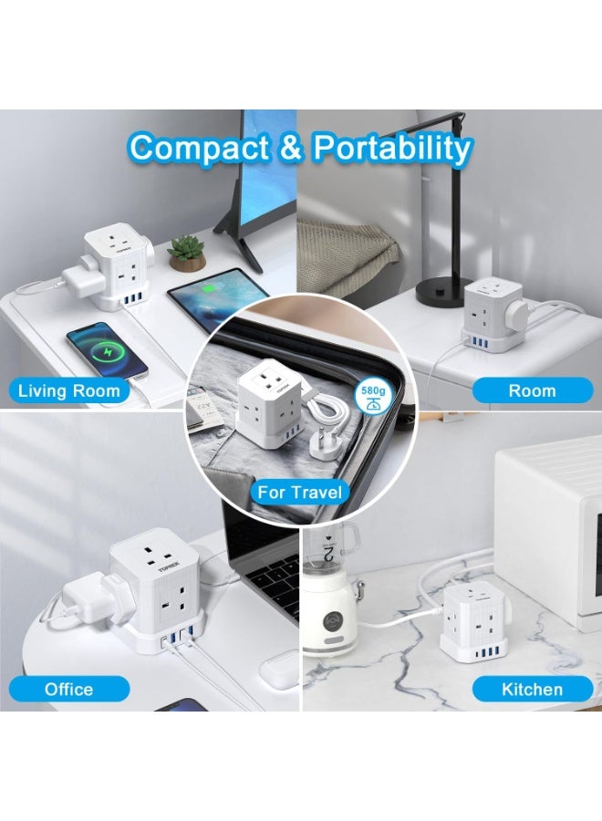 TOPREK Cube Extension Lead with USB Slots, 5 Way Power Strip with 5 AC Outlet 4 USB (20W PD3.0 Fast Charger) 1 Switch, 2M Extension Cord, 3250W/13A, UK Power Strip for Desk Home Office Travel - Image 2