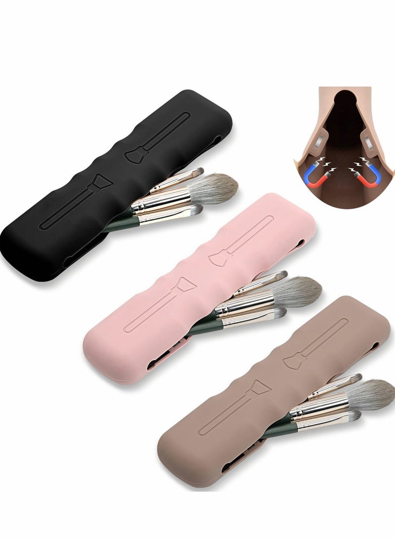 Travel Makeup Brush Holder Set - 3 Silicone Bags, Soft & Waterproof Cosmetic Organizers for On-the-Go - Black, Pink, Khaki - Image 1