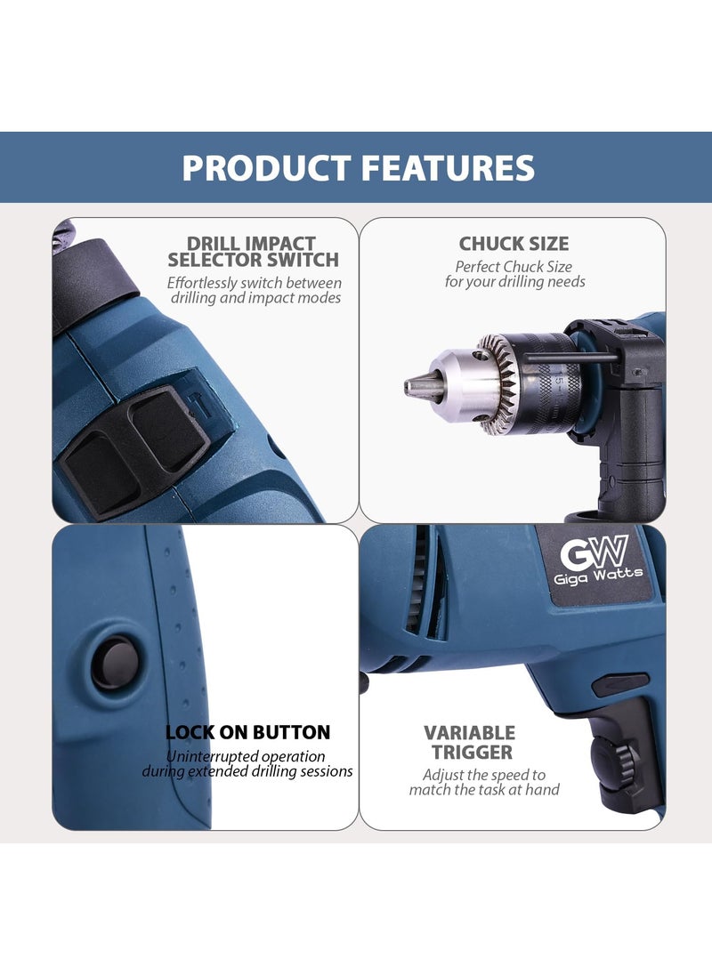 GIGAWATTS GIGAWATTS TH1002C 750W Reversible Impact Drill Machine Heavy Duty 2800 RPM Variable Speed Reverse Forward Function Electric Drilling Power Tool for Wall Wood Stone Metal Sheets  - Image 4