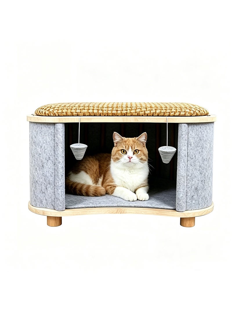 Yolu Wooden Multi-Purpose Cat House, Cat Houses & Condos with Human Seat Stool,Cat Bed for Indoor House with Hanging Scratching Ball, Pet Play House For Home Daily Use - Image 1