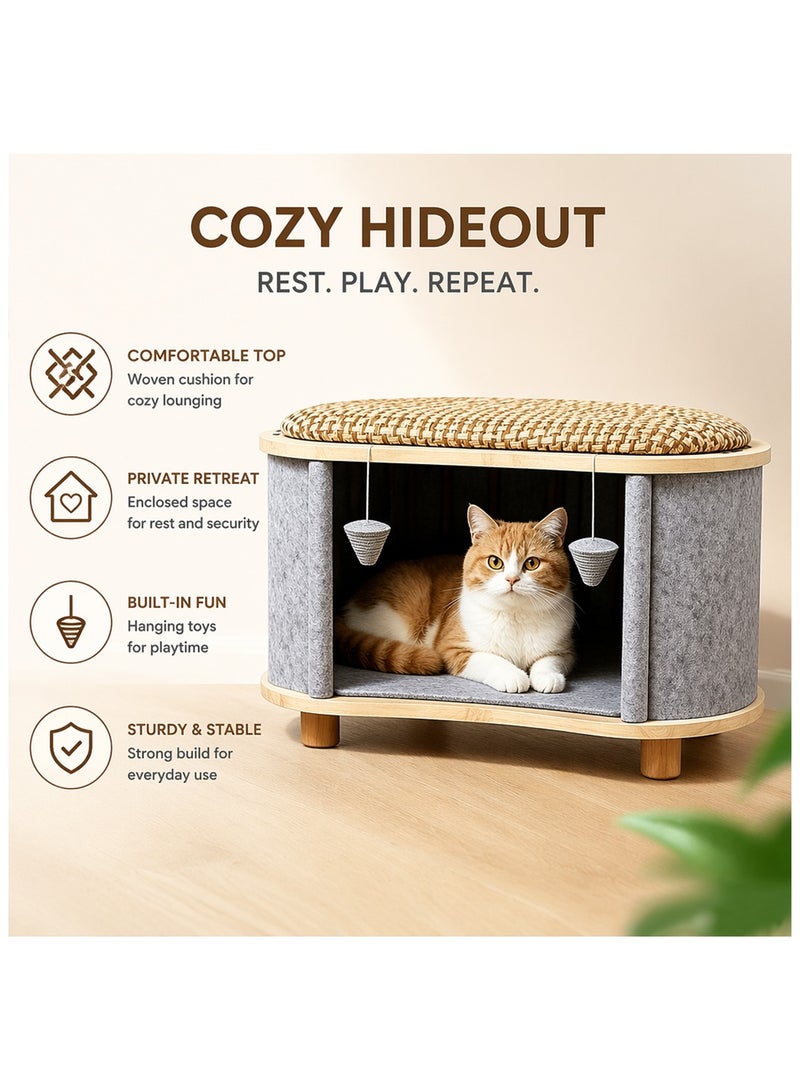 Yolu Wooden Multi-Purpose Cat House, Cat Houses & Condos with Human Seat Stool,Cat Bed for Indoor House with Hanging Scratching Ball, Pet Play House For Home Daily Use - Image 2