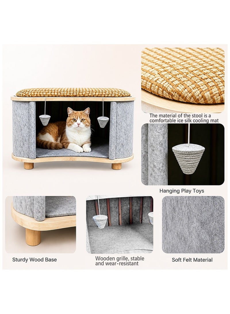Yolu Wooden Multi-Purpose Cat House, Cat Houses & Condos with Human Seat Stool,Cat Bed for Indoor House with Hanging Scratching Ball, Pet Play House For Home Daily Use - Image 4