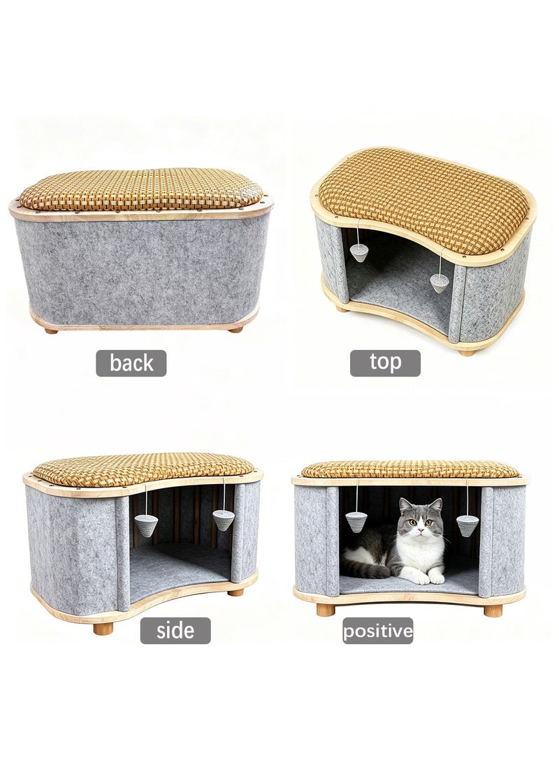 Yolu Wooden Multi-Purpose Cat House, Cat Houses & Condos with Human Seat Stool,Cat Bed for Indoor House with Hanging Scratching Ball, Pet Play House For Home Daily Use - Image 5