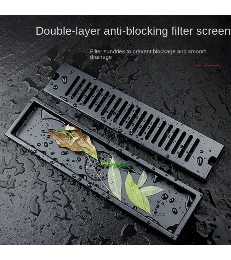 Black 304 Stainless Steel Long Floor Drain Anti Odor For Hotel Bathroom - Image 1
