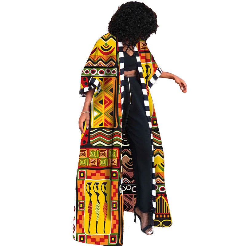 African Print Womens Long Kimono Coat 2024 Egyptian frescoes  - Image 1