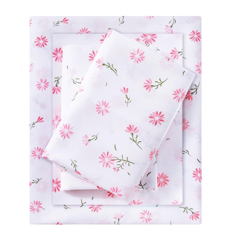 Mooreeke Cozy Vintage Microfiber Printed Floral Queen Sheet Set - Soft & Breathable Pink Daisy Bed Sheets with Extra Deep Pocket - Non-Slip Fitted Design - Daisy Pattern - Queen - Image 1